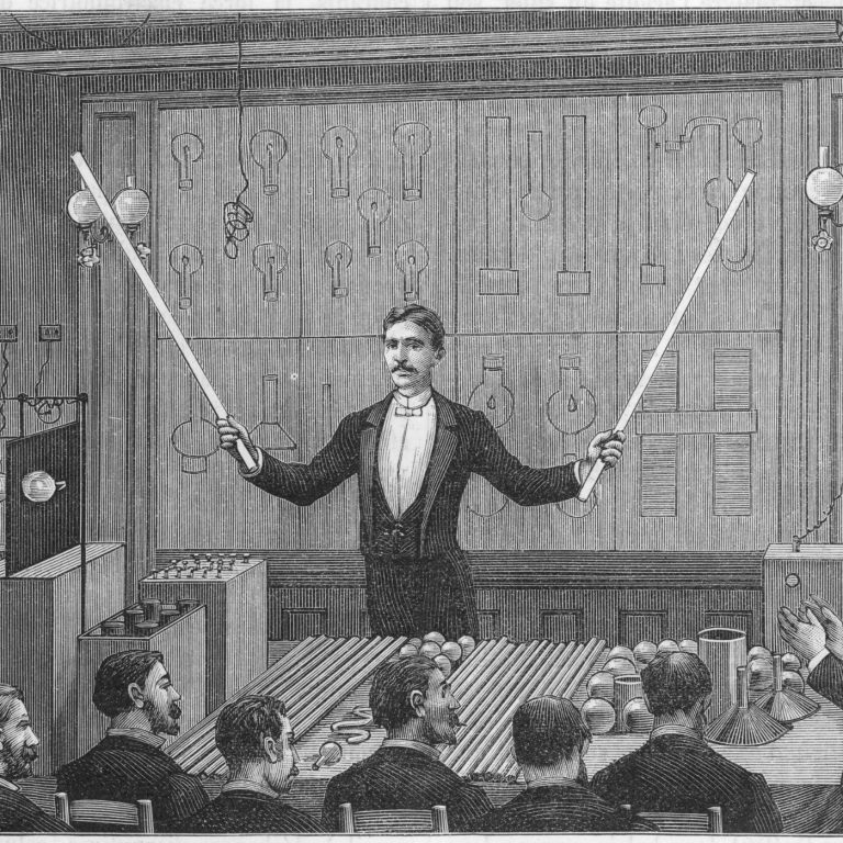 Nikola Tesla Die Abbildung zeigt einen Kupferstich mit Nikola Tesla der ein Experiment vorführt